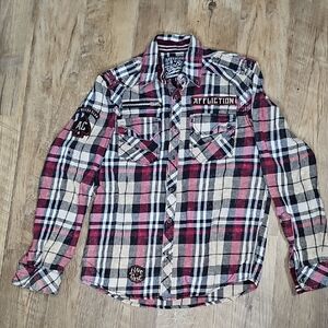 Affliction Men's Red, Black, and Tan Plaid Shirt